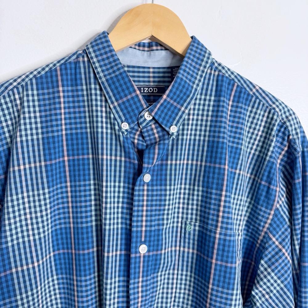Izod Men's Blue Plaid Long Sleev Button Down Shirt Large Stretch‎